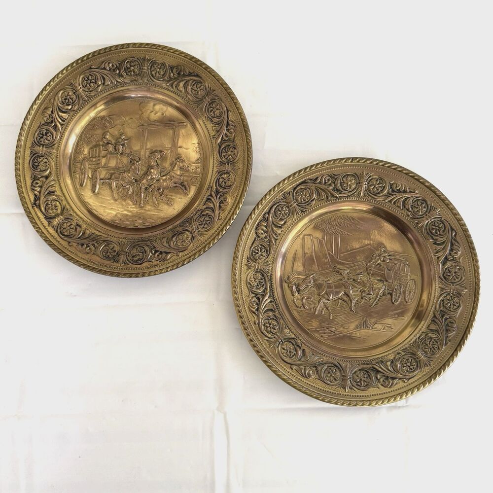 Set of 2 Brass Wall Hanging Chargers Stage Coach Horses Embossed 12 in Vtg 1950s